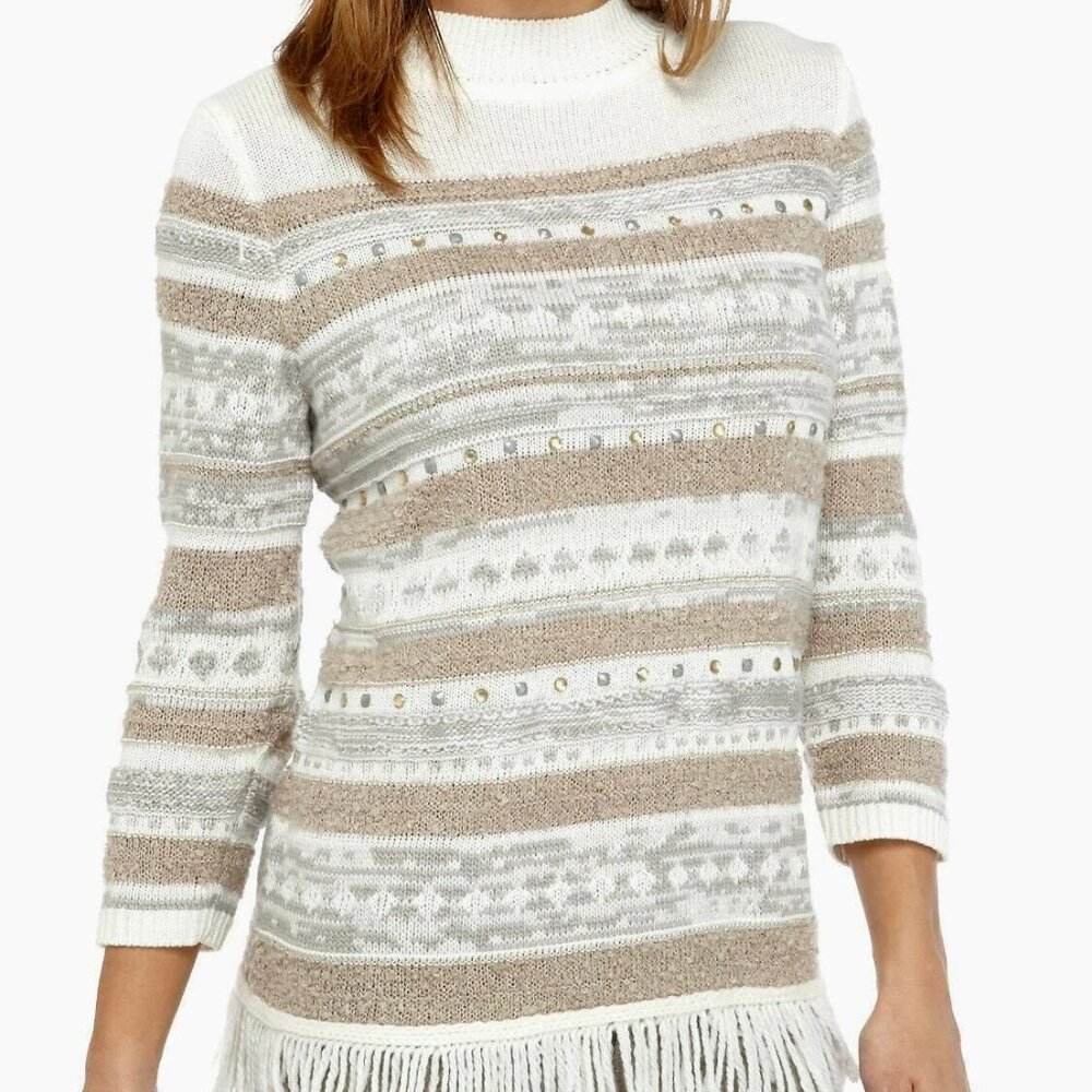 Alfred Dunner Eskimo Kiss Metallic Fringe Sweater M Winter Glam Quiet Luxury